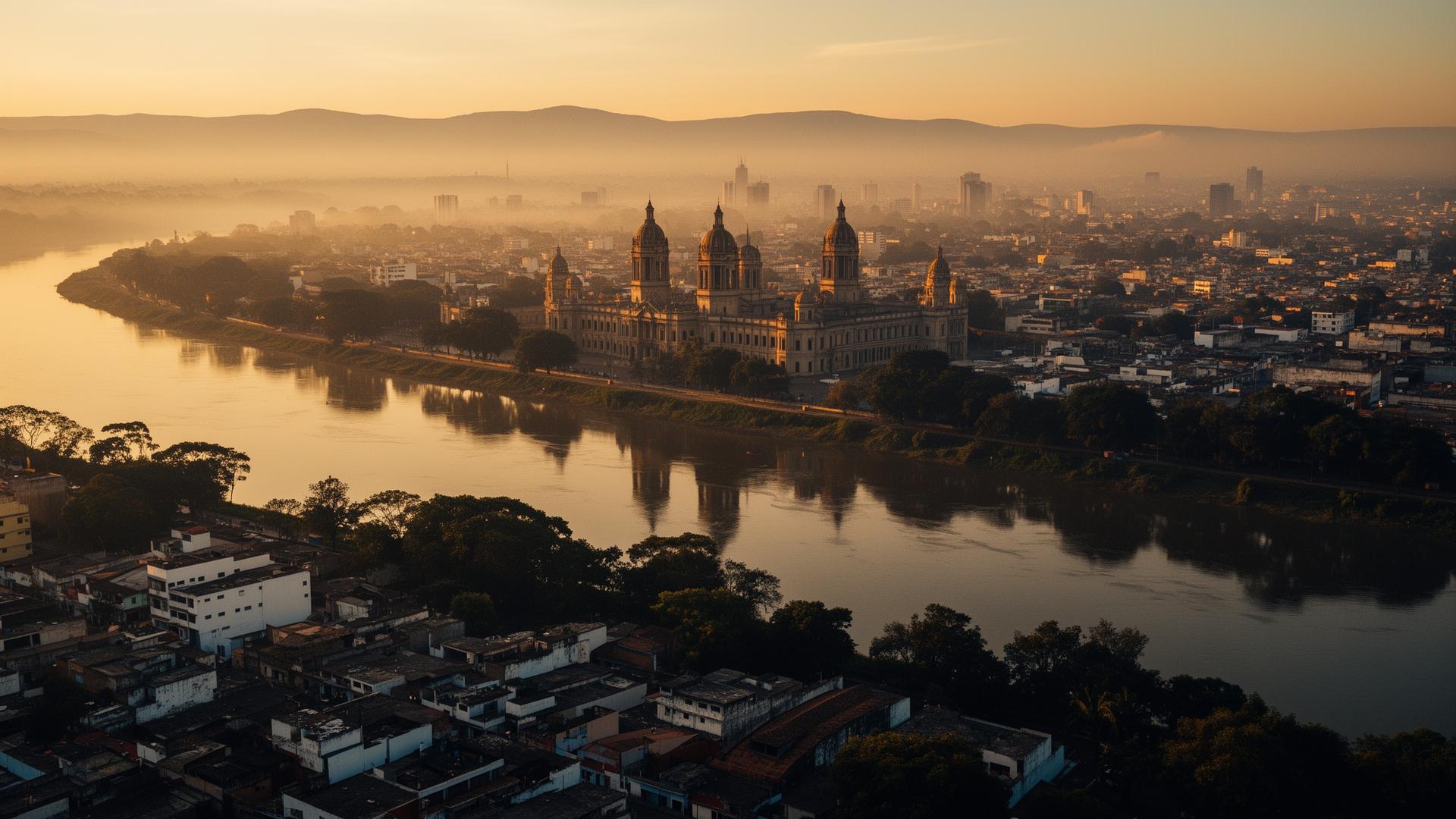 Aerial view of Asunción at sunset